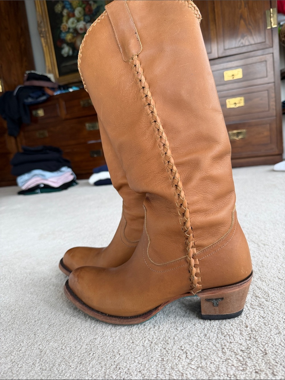 Women's to the knee Braided-Trim Leather Boots in Tan - Picture 4 of 7